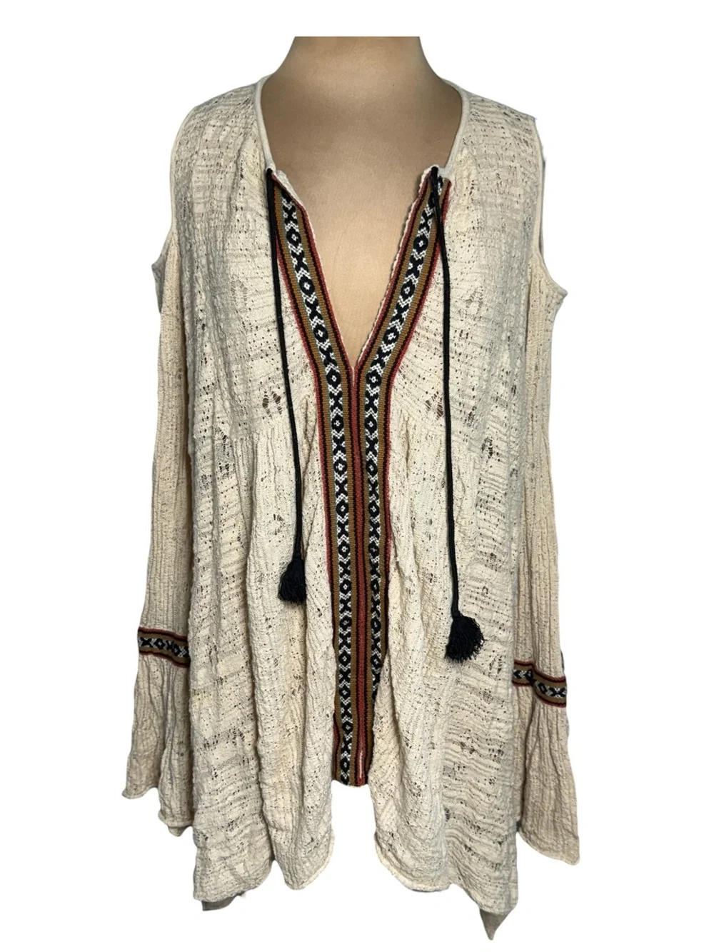 Free People Cold Shoulder Boho Knit Tunic Sweater Cream Size Large